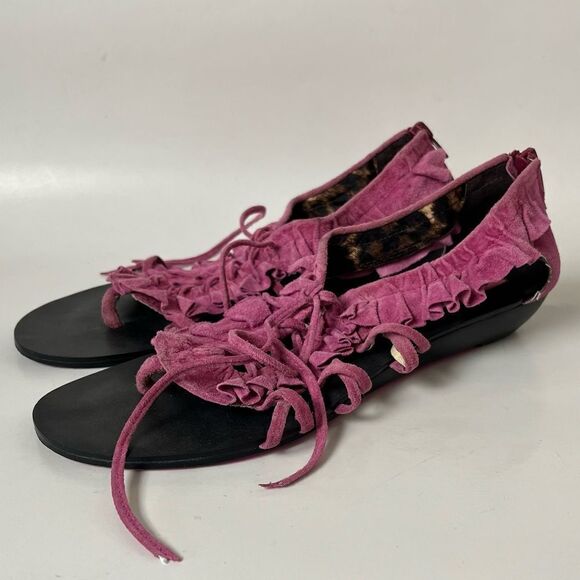 Betsey Johnson Cicii Suede Wedge Pink Ruffle Strappy Leather Sandals Boho Chic 8 - Picture 4 of 9